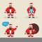 Set of asian cute character Santa clauses in different poses. Santa with the bag, with gift, waving his hand. Modern flat design.