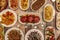 Set of assorted dishes of Spanish food with stuffed peppers, lentils