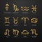 Set of astrology golden zodiac signs on dark black background. Vector illustration