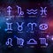 Set of astrology neon zodiac signs on outer space background. Vector illustration