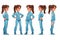 Set of Astronaut young women character, 5 different poses, in blue suit, cartoon style