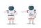 Set of astronauts making gestures of disapproval. One hand akimbo and other showing thumbs down sign. Dislike, rejection pose.