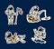 Set of Astronauts in space stickers. Collection soaring spaceman with flag. dancer musician adventure in the galaxy