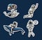 Set of Astronauts in space stickers. Collection soaring spaceman whale and balloons. dancer musician adventure in the