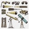 Set of astronomical instruments, telescopes oculars and binoculars, quadrant, sextant engraved in vintage hand drawn