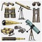 Set of astronomical instruments, telescopes oculars and binoculars, quadrant, sextant engraved in vintage hand drawn