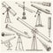 Set of astronomical instruments, telescopes oculars and binoculars, quadrant, sextant engraved in vintage hand drawn