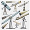 Set of astronomical instruments, telescopes oculars and binoculars, quadrant, sextant engraved in vintage hand drawn