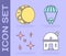 Set Astronomical observatory, Moon, Falling stars and Space capsule and parachute icon. Vector