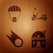 Set Astronomical observatory, Space capsule and parachute, Comet falling down fast and Mars rover on wooden background