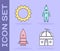 Set Astronomical observatory, Sun, Rocket ship and Astronaut icon. Vector
