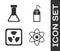 Set Atom, Test tube and flask chemical, Radioactive and Laboratory wash bottle icon. Vector