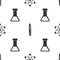 Set Atom, Tweezers and Test tube and flask chemical on seamless pattern. Vector