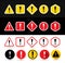 Set of attention signs. Shapes triangle, square, rhombus, circle, hexagon with exclamation point. Design with icon for banner. Dan