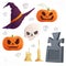 Set of attributes for the Halloween witch`s hat, carved pumpkins, skull, burning candles, tombstone. Vector illustration