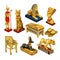 Set of attributes and jewelry on the theme of ancient Egypt isolated on white background. Golden figurine in the shape