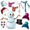 The set of attributes of winter and Christmas holiday isolated on white background. Snowman, knitted hats, scarves, and