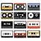 Set of audio cassettes. Collection of compact cassettes. Vector illustration of audio carrier.