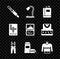 Set Audio jack, Table lamp, Book, Pants with suspenders, Burger, Sweater, Crossword and Card game icon. Vector