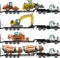 Set of auto transporter and heavy construction machines isolated on white background in flat style in different