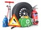 A set of automotive accessories. Spare wheel, fire extinguisher, first aid kit, emergency warning triangle, jack, tow rope, wheel