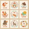 Set of autumn cards with cute animals bear, fox, squirrel, owl,