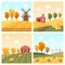 Set of autumn landscapes. Village scenery with field and mill, farm and barn. Rural countryside. Fall concept. Stack of