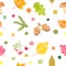 Set of Autumn Objects and Colorful Dots, Watercolor Painted, SEAMLESS Pattern