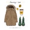 A set of autumn outfit with accessories: brown parka, green boot