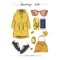 A set of autumn outfit with accessories :parka, sneakers, sunglasses, bag, phone case with autumn print, phone, wrist watch, fall