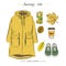 A set of autumn outfit with accessories: Parka, stylish sneakers