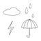 A set of autumn and rainy weather - umbrella, cloud, lightning and raindrops. Vector illustration of rain icons isolated