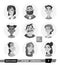 Set of avatars, people black and white color. A collection of user faces for a web forum or account. Icons portraits of