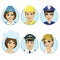 Set of avatars, working man, stewardess, policewoman, chef, pilot on a white background