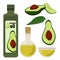 Set of avocado oil and green vegetable halves, vegetable nourishing oil in various bowls
