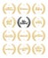 Set of awards for best film, actor, actress, director, music, picture, winner and short film with wreath and 2016 text. Black and