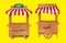 Set of awing with wooden market stand stall and various kiosk, with red and   white striped awning isolated