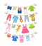 Set of baby clothes for children, after washing on rope.