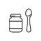 Set of baby food jar with separate spoon. Linear icon of complementary foods. Black simple illustration of ready purees in glass