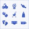 Set Baby stroller, absorbent diaper, potty, bottle, footprints, hands, Candy and Toy car icon. Vector