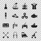 Set Baby stroller, Toy boat, Submarine toy, Robot, building block bricks, Marker pen, Dart arrow and Fidget spinner icon