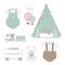 Set with baby trendy clothes, furniture and toys. Trendy baby and children elements