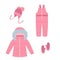 Set of baby winter clothes. Pink winter coat, overalls, hat and mittens for children. Warm clothes elements. Doodle