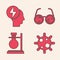 Set Bacteria, Head and electric symbol, Laboratory glasses and Test tube flask on stand icon. Vector