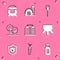 Set Bag of flour, Farm house, Shovel, Tree, Granary, Udder, Shield with pig and Carrot icon. Vector