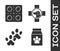 Set Bag of food for pet, Dog and pills, Paw print and Veterinary clinic symbol icon. Vector