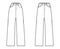 Set of Baggy Jeans Denim pants technical fashion illustration with full length, normal low waist, high rise, 5 pockets