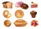 Set of baked goods with different types of bread sweet buns muffins biscuits donut donuts and others.