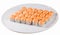 Set of baked sushi rolls on an oval plate isolated white background, orange beanie hat cap