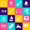 Set Balloons, Book, Water gun, Shovel toy, Paint brush, Trumpet, Headphones and Jump rope icon. Vector